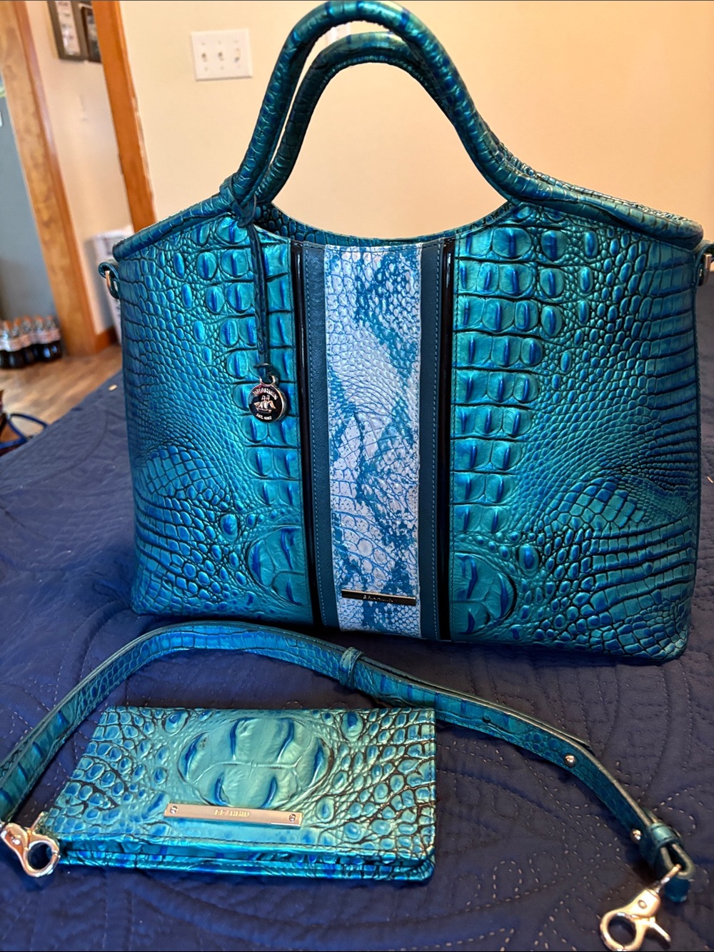 Brahmin Iridescent Teal Croc-Embossed Tote with Matching ady Wallet